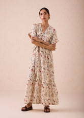 A Model Wearing White Handwoven Cotton Forest Bloom Handwoven Kala Cotton Maxi Dress, curated by Only Ethikal
